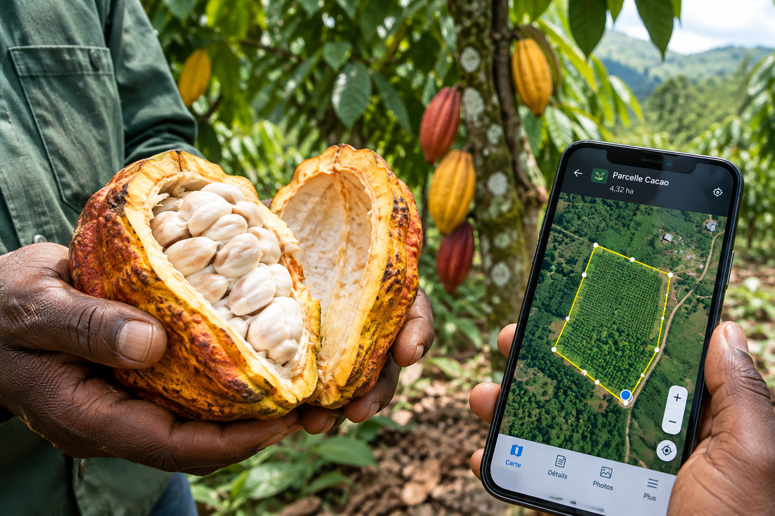Planteur tenant une cabosse de cacao ouverte avec une parcelle agricole géolocalisée sur smartphone