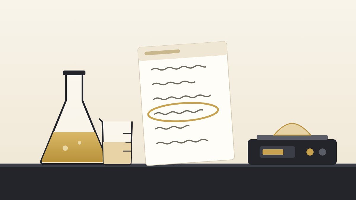 R&D alimentaire et droit dès la conception Paillasse de laboratoire avec fiole, bécher et balance, et fiche de recette dont une ligne est entourée d’or