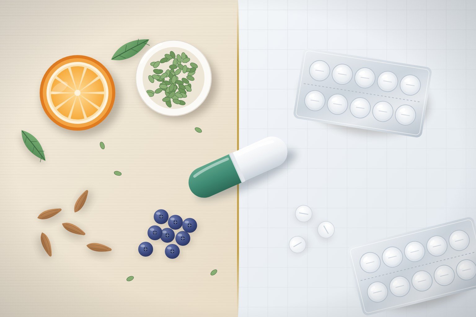 Gélule mi-verte mi-blanche posée sur la ligne qui sépare des aliments et des plaquettes de comprimés