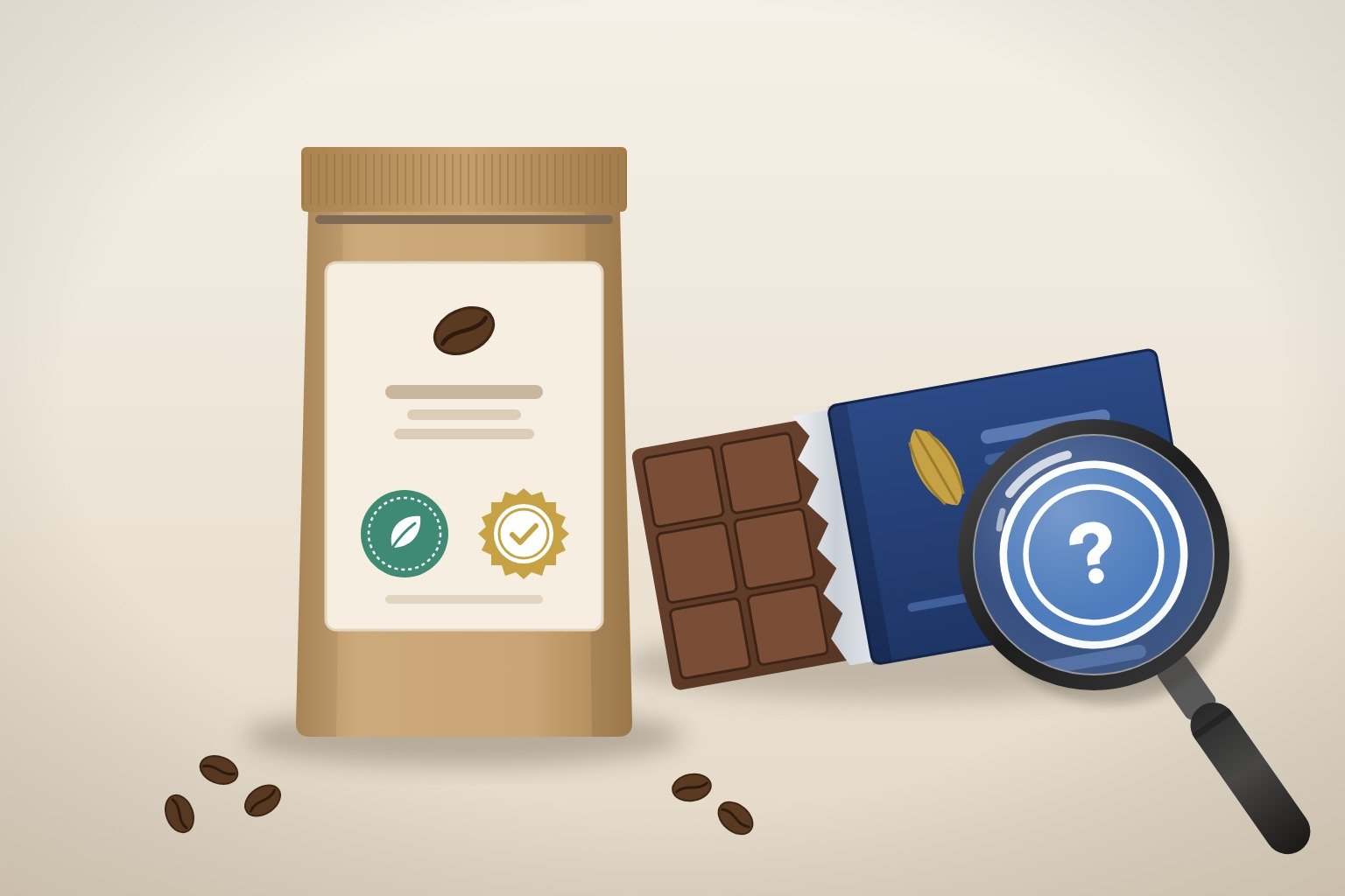 Paquet de café et tablette de chocolat portant des labels de durabilité, l'un examiné à la loupe