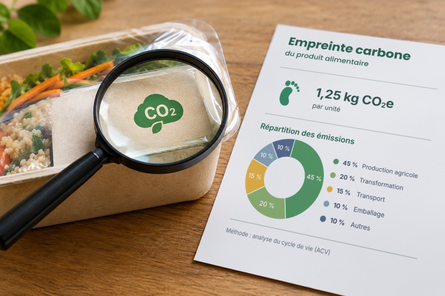 Loupe sur le logo « CO2 » d'un emballage alimentaire, à côté de la fiche d'empreinte carbone du produit
