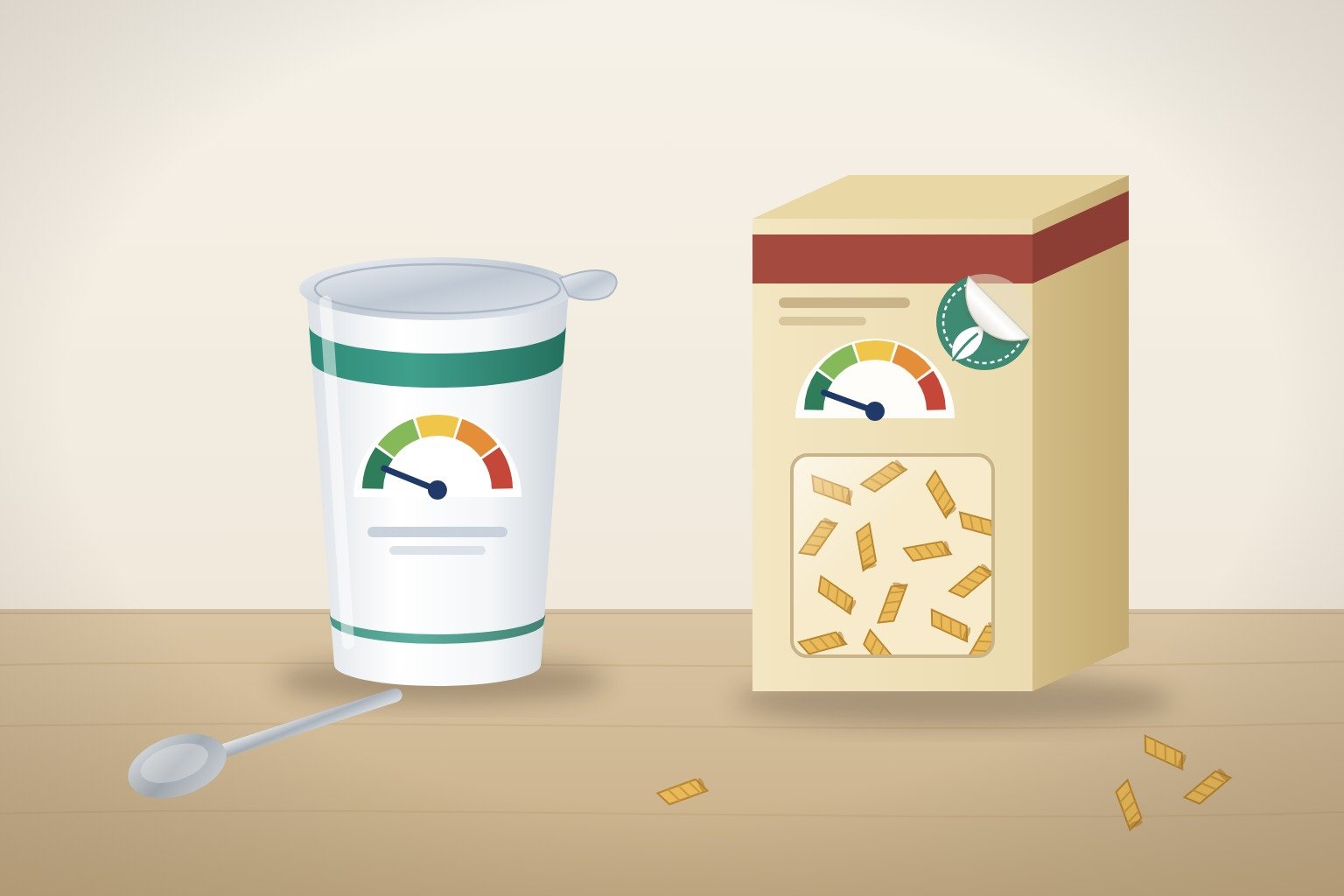 Score environnemental et allégation générique Pot de yaourt et boîte de pâtes avec une jauge de score environnemental, et une pastille feuille verte qui se décolle